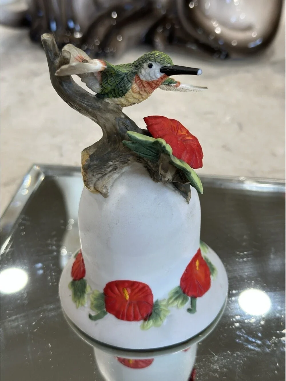 Vintage painted matte bisque porcelain hummingbird decorative bell 1970-1980s